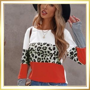 Women’s Orange & White Leopard Stripe Color Block Crewneck Top